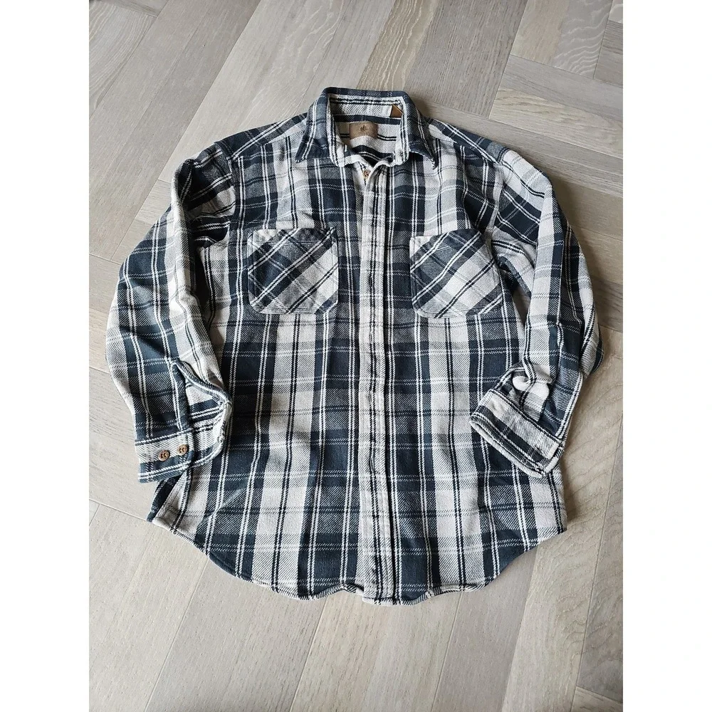 Mens Large Tall Flannel Shirt Navy Blue Cream Plaid Button Down Cabincore Rugged